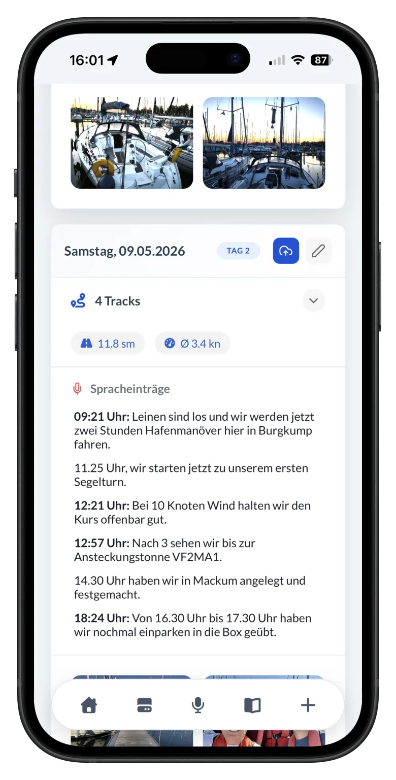 Logbuch-Tagesansicht mit Spracheinträgen und Fotos