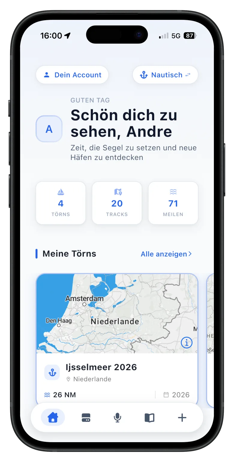 DiLog Dashboard – Törnstatistiken, Seekarte und Begrüßung