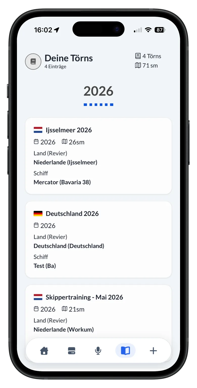 Törnübersicht mit Revieren und Seemeilen
