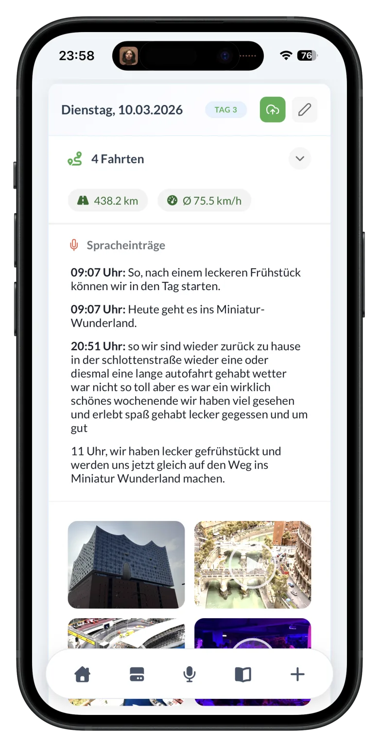 Reisetagebuch-Tagesansicht mit Spracheinträgen